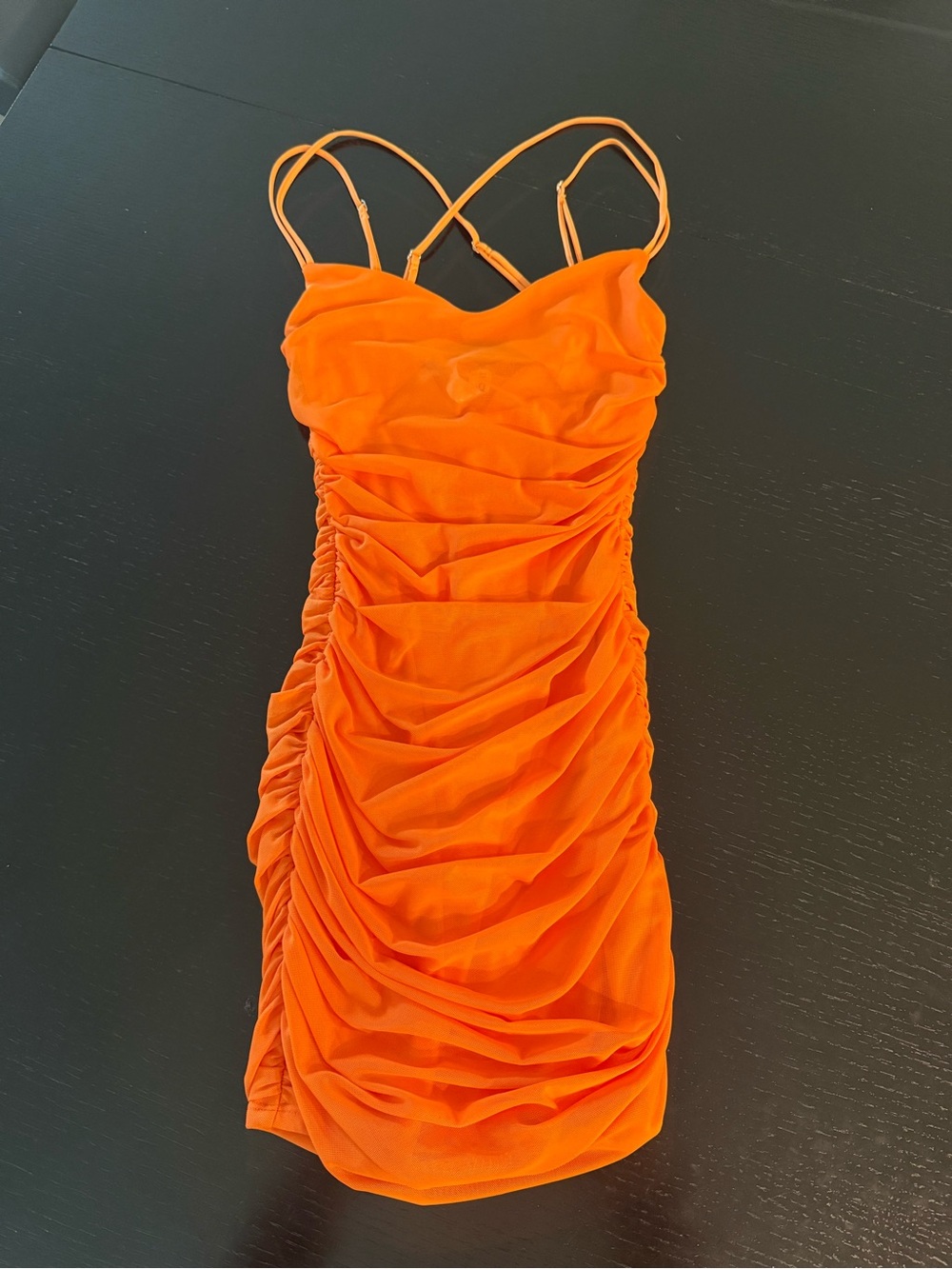 Lucy in the Sky Ruched Spaghetti-Strap Mini Dress - Orange - Picture 1 of 4